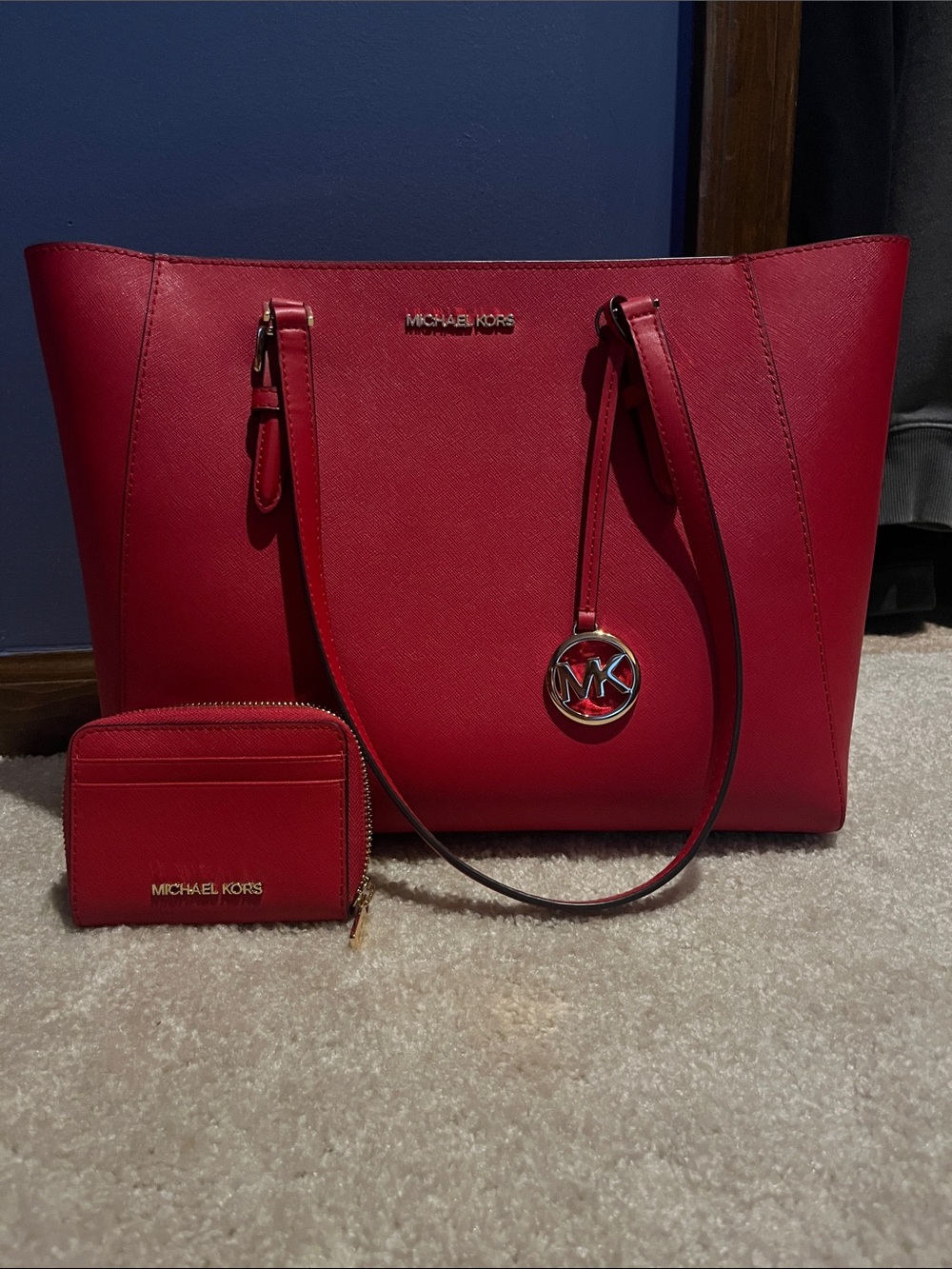 Michael Kors Red Saffiano Leather Tote with Matching Wallet and MK Charm